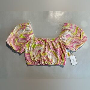 NEW Size L Womens Love & Piece Balloon Sleeve Crop Top Back Tie Rayon Pink